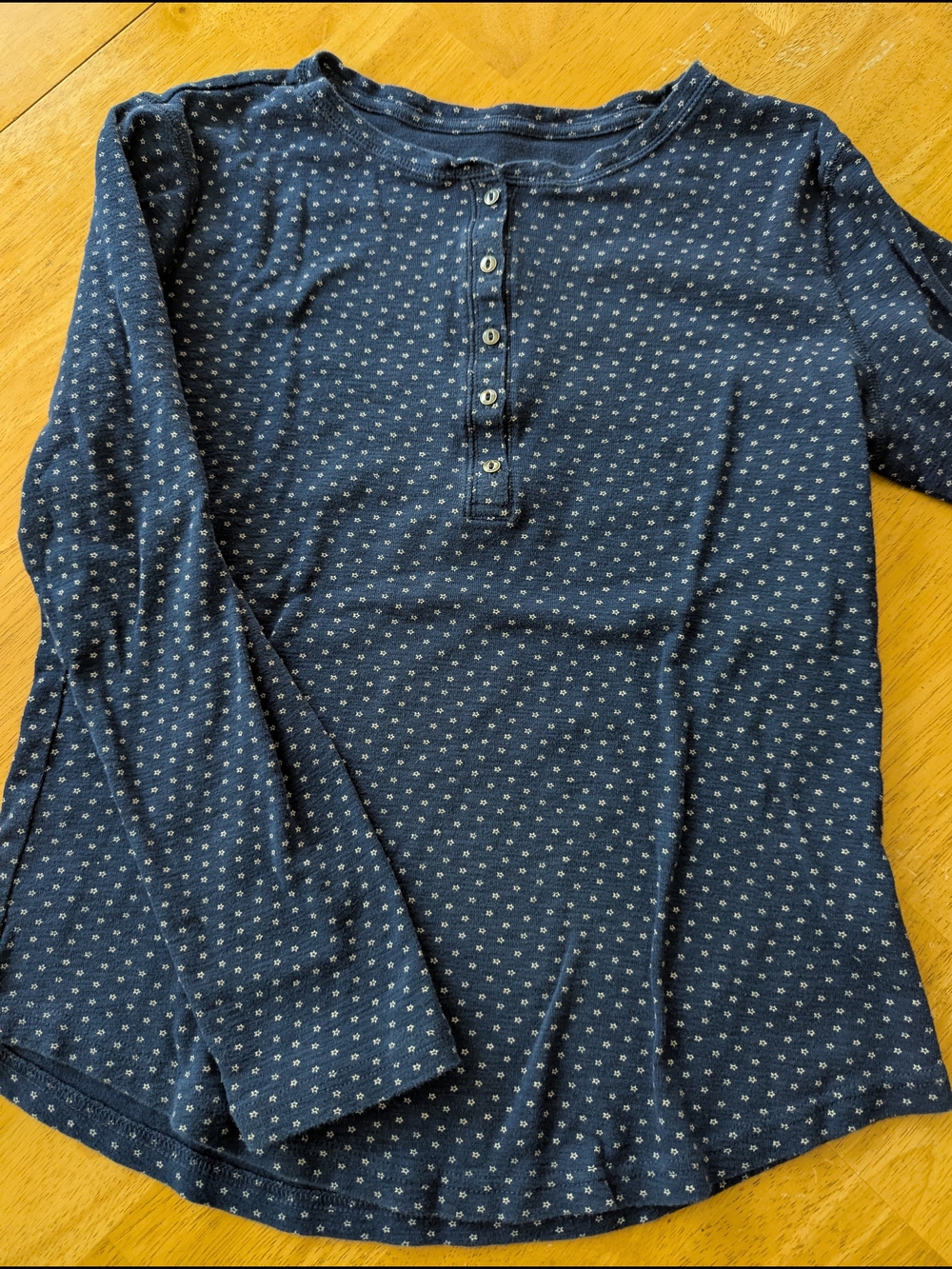 Women's Navy Long-Sleeve Henley Top with Mini Dot Pattern